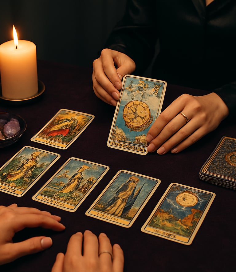 A serene setup with tarot cards spread out beside crystals and candles