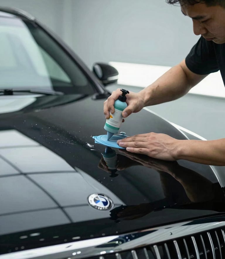 A close-up photograph of a technician meticulously applying a ceramic coating to the hood of a sleek black luxury sedan in a brightly lit, professional North American detailing shop. The surface is reflective like a mirror, showcasing a depth of shine under cool-toned LED lighting.