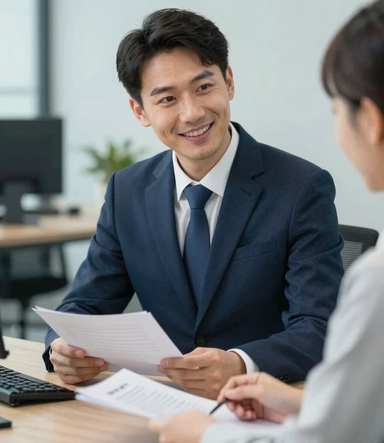 A professional and welcoming office setting where a property manager is reviewing documents with a client. The composition is clean and trustworthy, featuring soft lighting and a palette that includes #2A363B and #F5F8FA.