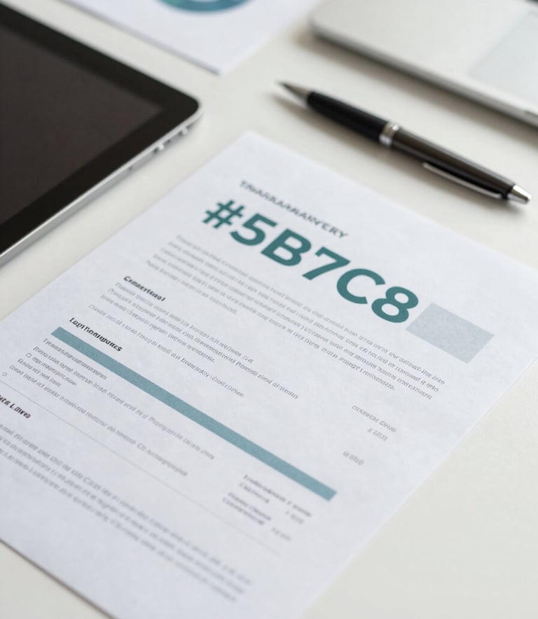 A top-down view of organized financial documents, a professional tablet, and a pen on a clean desk, representing transparency. Soft teal and grey tones like #5B7C85 and #AABCBF.