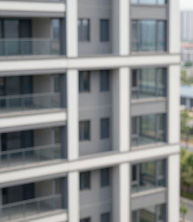 A high-angle architectural shot of a modern residential building facade with clean lines and large windows, reflecting a professional and organized atmosphere. The image features soft natural lighting and incorporates subtle tones of #5B7C85 and #AABCBF.