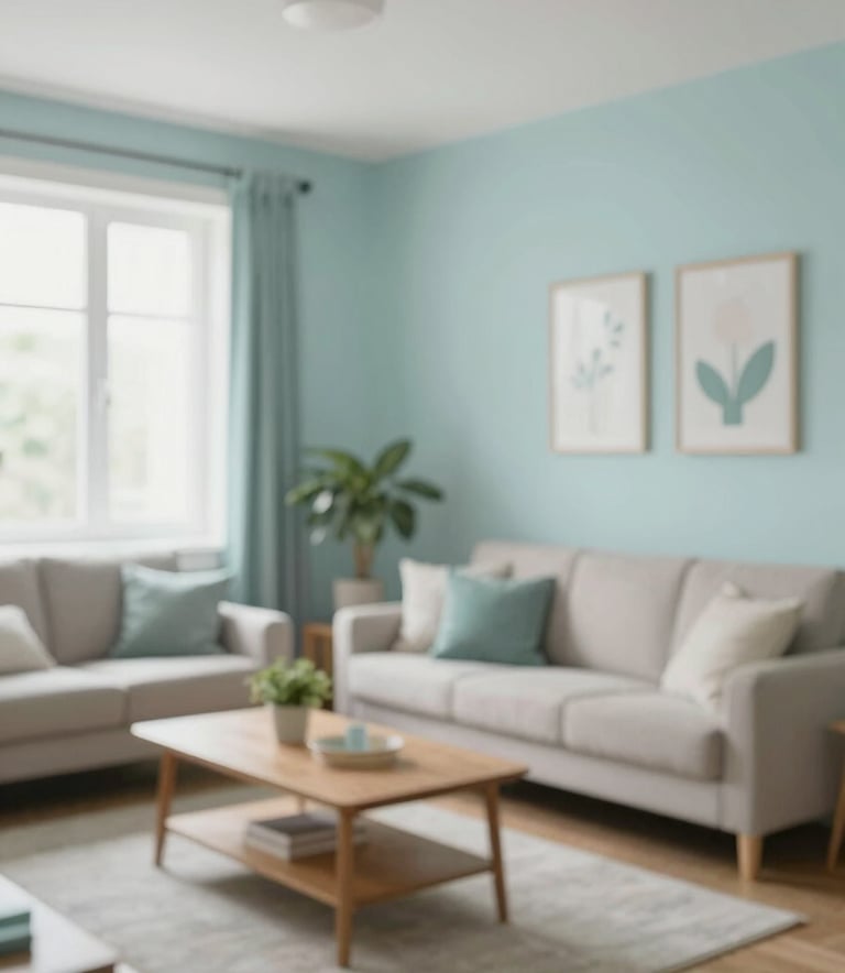 A bright, welcoming living room of a managed rental property, showing personalized care and cleanliness. Soft daylight, with a professional architectural photography style including #F5F8FA and #5B7C85 tones.
