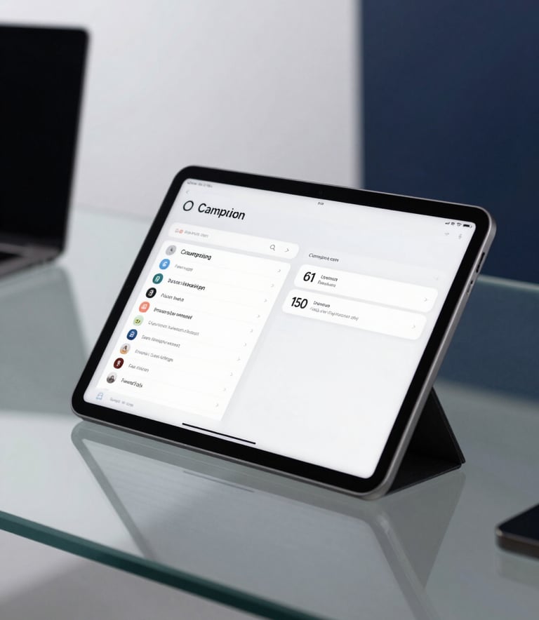 A macro shot of a sleek tablet resting on a glass desk, showing a minimalist application interface for campaign management. The background features a blurred tech-centric studio with pale icy white and deep midnight navy tones.