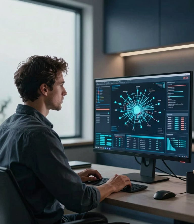 A professional man in a clean, modern workspace, seen from a side profile, focusing on a large computer monitor displaying complex digital networks. The room is minimalist with dark steel blue accents and soft natural light from a window.