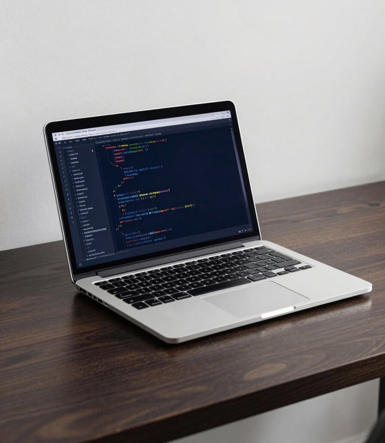 A minimalist, premium workspace featuring a sleek laptop on a dark wood desk. The screen displays lines of code and data structures. The palette is dominated by Obsidian Navy and Arctic White, creating a focused, professional atmosphere.