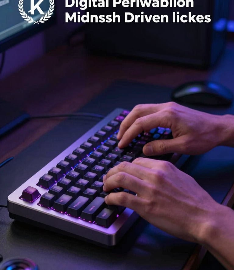 A close-up, cinematic photograph of a man's hands working on a high-end mechanical keyboard. The room is dimly lit with Digital Periwinkle and Midnight Blue ambient lighting hitting the aluminum chassis of the tech equipment.