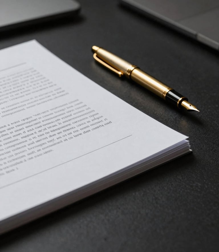 A minimalist, sharp-focus photograph of a clean, high-end desk surface featuring a single heavy-weight document and a muted gold fountain pen. The lighting is cold and professional with deep charcoal black shadows.