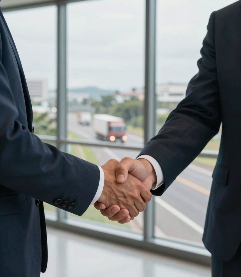 Close-up of a professional handshake between two executives in a modern office in Brazil, with a large glass window overlooking a highway with trucks in the distance. Professional lighting and modern atmosphere.