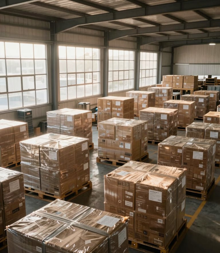 A wide-angle professional shot of a modern South American distribution center interior. Soft sunlight filters through high windows onto organized cargo bays. The atmosphere is professional, orderly, and focused on logistics excellence.