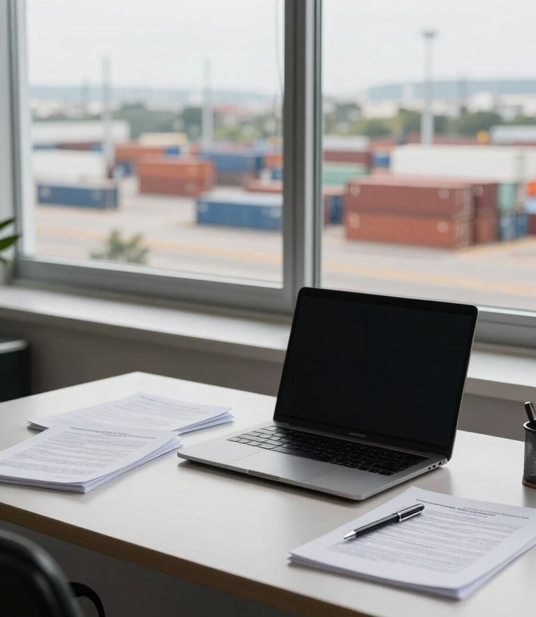 A professional South American / Brazilian legal office setting. A modern desk with a laptop and legal documents, with a large window in the background showing a blurred industrial logistics park with shipping containers.