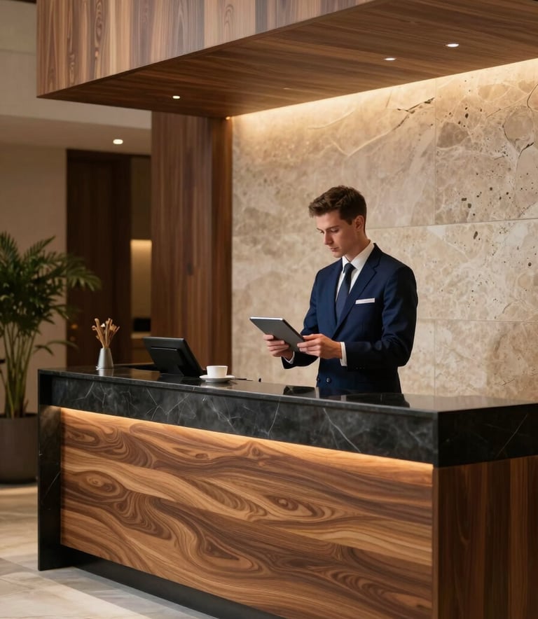 A high-end, professional photography of a modern luxury hotel lobby in Europe. A well-dressed staff member in a navy blue uniform stands behind a sleek reception desk, looking at a digital tablet. The lighting is soft and warm, highlighting textures of polished wood and stone. International / European & North American setting.