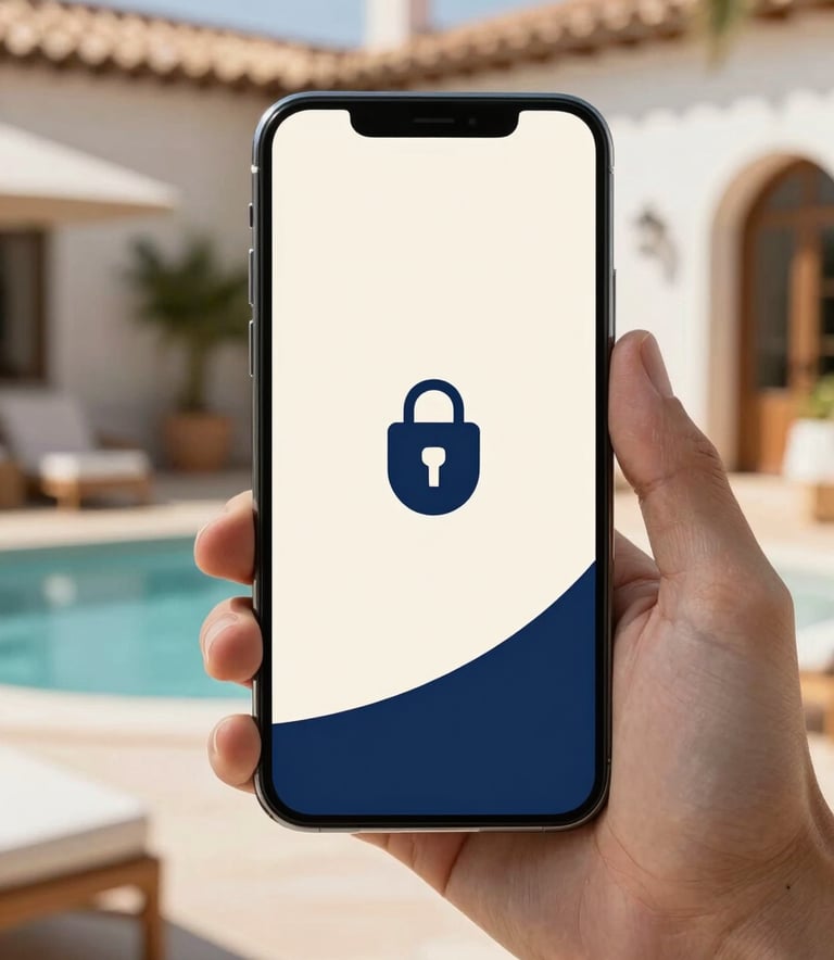 Close-up, sharp professional photography of a hand holding a high-end smartphone. The screen displays a secure digital ID with off-white and navy blue accents. In the background, a blurred, sun-drenched outdoor terrace of a Mediterranean villa is visible. International / European & North American aesthetic.