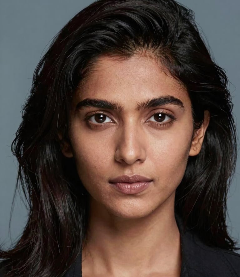 A professional portrait of a South Asian / Indian person with healthy, lustrous dark hair, styled to perfection. The backdrop is a soft blue-grey, conveying a sense of luxury and expert care in a high-end salon.