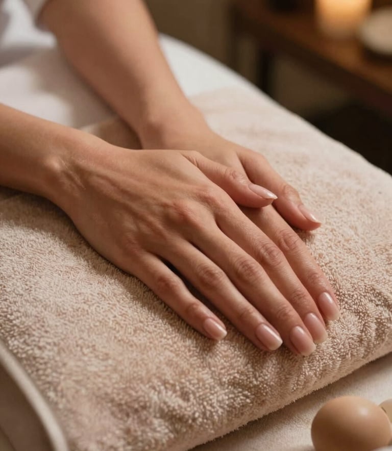 A close-up photograph of a South Asian / Indian woman's hands with an elegant manicure, resting on a soft mist-colored towel in a luxury spa environment. The lighting is soft and warm, highlighting the serene and professional atmosphere of the clinic.
