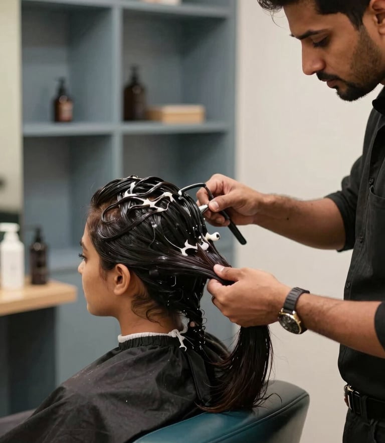 A professional South Asian hairdresser in a modern studio. The stylist is expertly applying a luxurious hair treatment. Background features soft blue-gray shelving and polished dark teal furniture. Warm, flattering indoor photography with a focus on professional care.