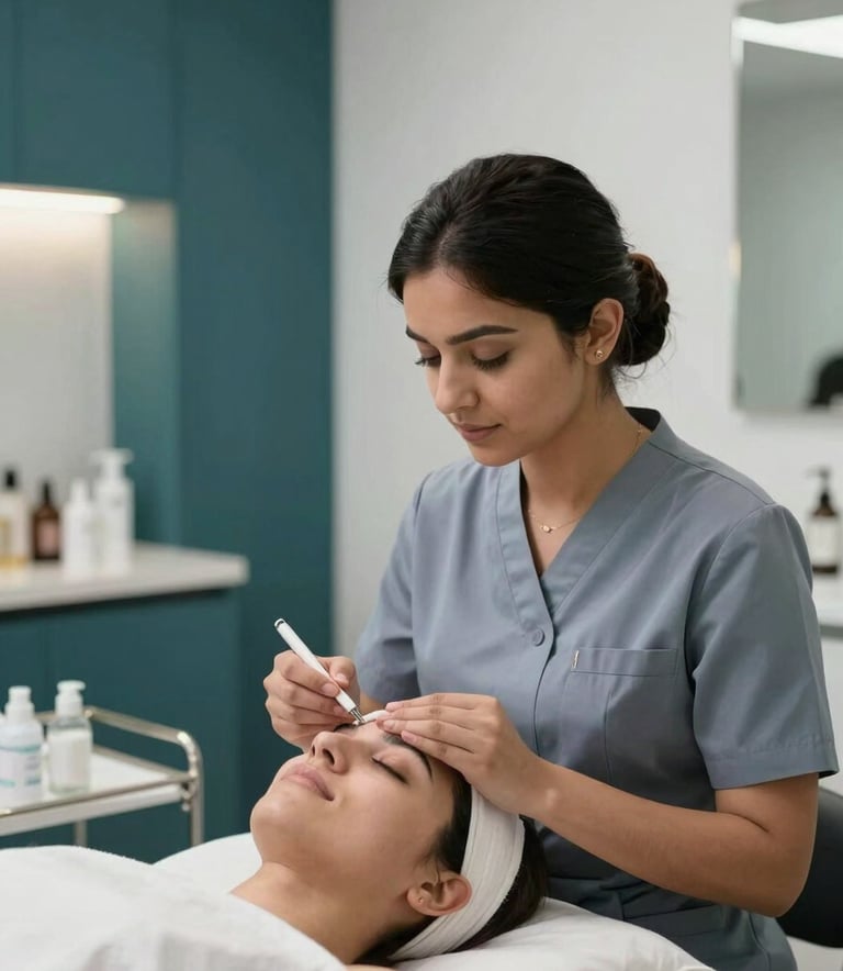 A high-end cosmetic clinic in a South Asian setting. A professional beautician in a soft blue-gray uniform performs a gentle facial treatment on a client. The room is decorated with dark teal accents and soft white walls. Serene lighting, minimalist luxury photography.