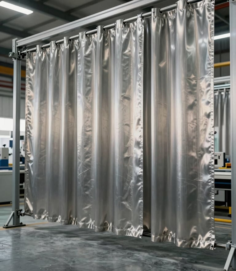 A wide angle industrial shot of a modern manufacturing floor where metallic curtains are being assembled. The atmosphere is professional with slate grey tones and soft off-white lighting on muted silver metal surfaces.