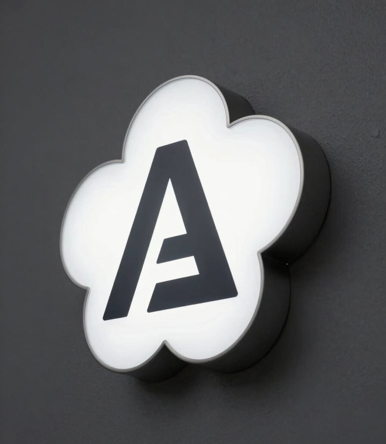 A close-up photograph of a high-quality illuminated shop sign being mounted on a Charcoal Gray wall. The lighting is crisp and modern, featuring Cloud White LED accents that highlight the precise manufacturing. Professional industrial aesthetic.