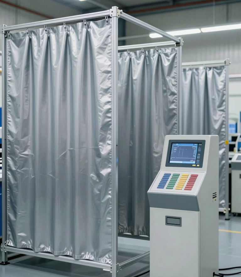 Interior shot of a clean, modern manufacturing facility where Silver Gray metallic curtains and order terminals are being assembled. The lighting is bright and industrial, emphasizing reliability and technical precision.