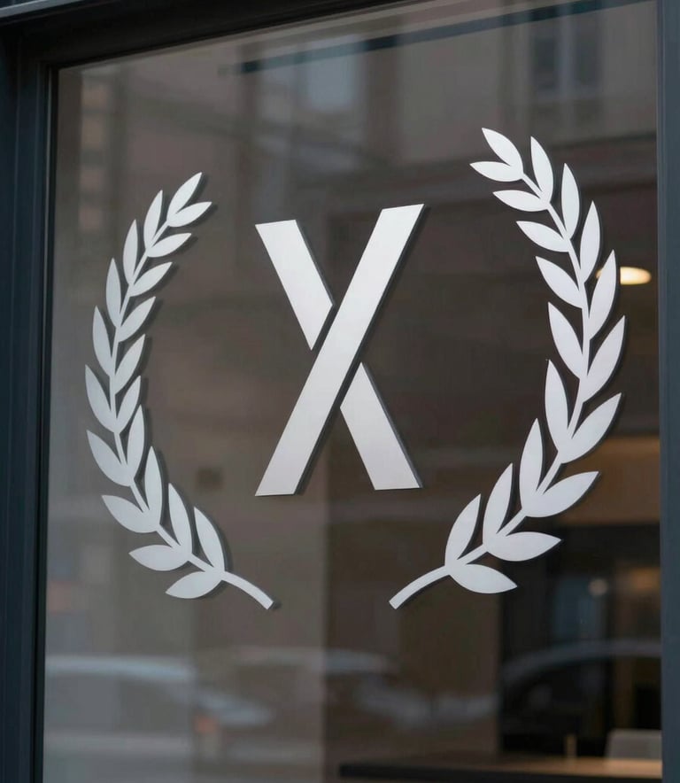 A close-up of a high-quality storefront window featuring minimalist vinyl branding (vitrofanie) in deep charcoal and muted silver tones.