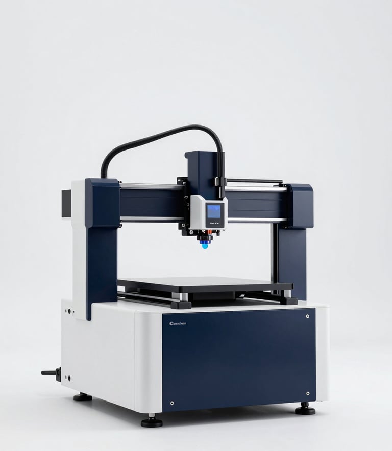 A premium industrial 3-D printer operating in a clean, minimalist workspace in Spain. Studio lighting emphasizes the sleek dark navy blue and pure white machine frame. A laser head deposits electric blue resin with high-precision. Cool aesthetic, futuristic and technological, abundant white space in the background.