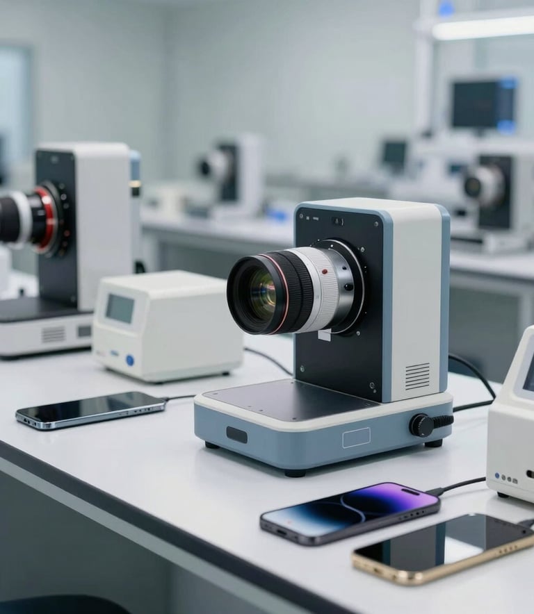 A high-tech mobile device testing laboratory in a modern facility with multiple smartphones and testing equipment on white surfaces, professional lighting, tones of light blue and off-white.