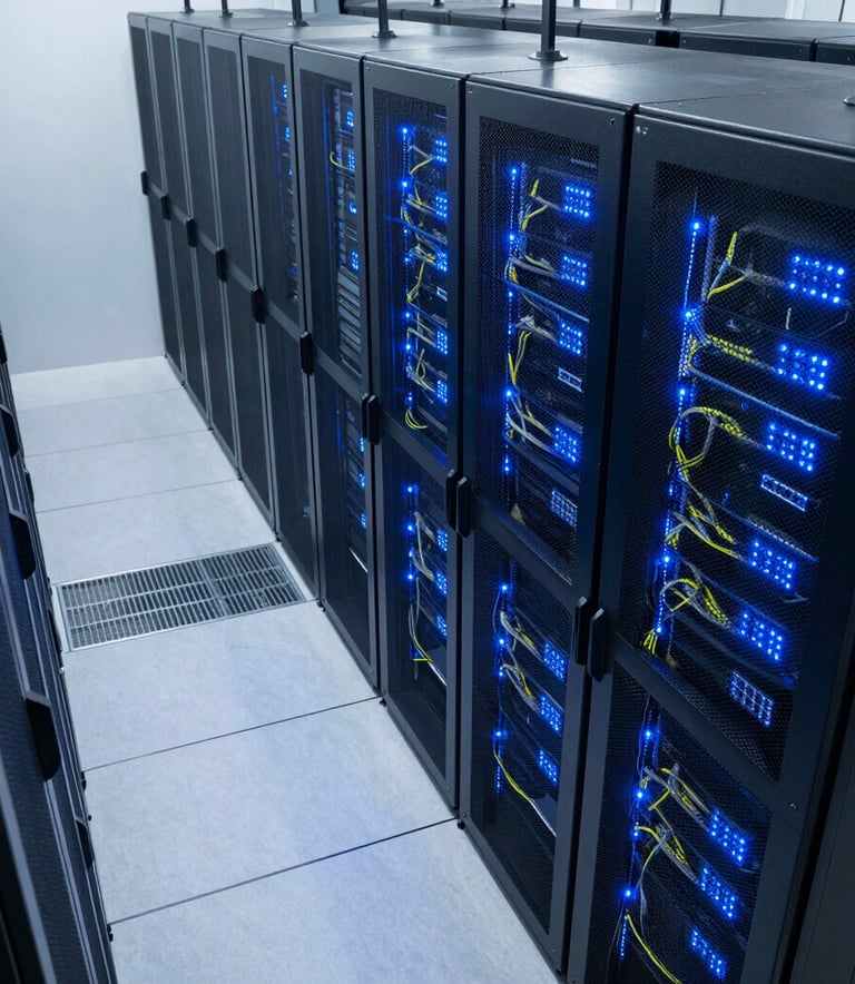 A high-angle perspective shot looking down a data center aisle with rows of server racks, glowing blue LED status lights, and professional cable management. The environment is clean and modern with cool white lighting in a Global tech facility.