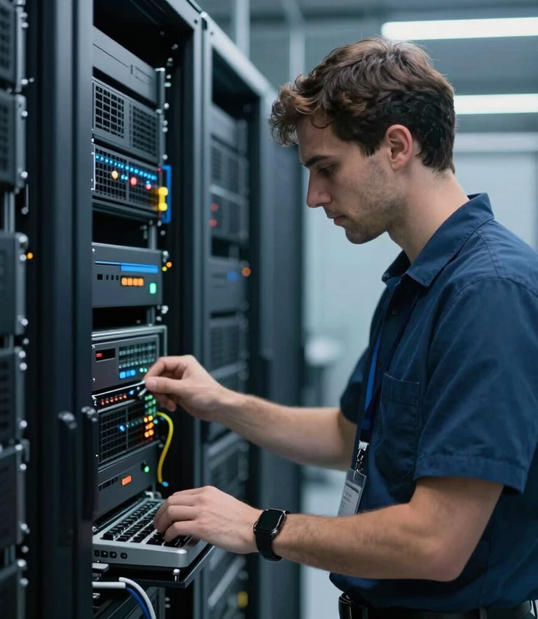 A professional IT engineer working in a high-tech data center environment, medium shot, focusing on precision and reliability, with dark blue and medium blue lighting.