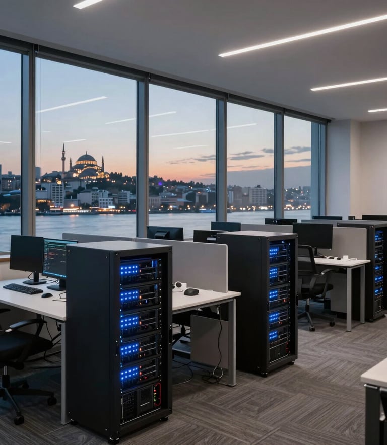 A wide shot of a modern IT office interior in Istanbul with large windows overlooking the city skyline at dusk. The room features glowing server towers and clean workstations, embodying a professional Global atmosphere.