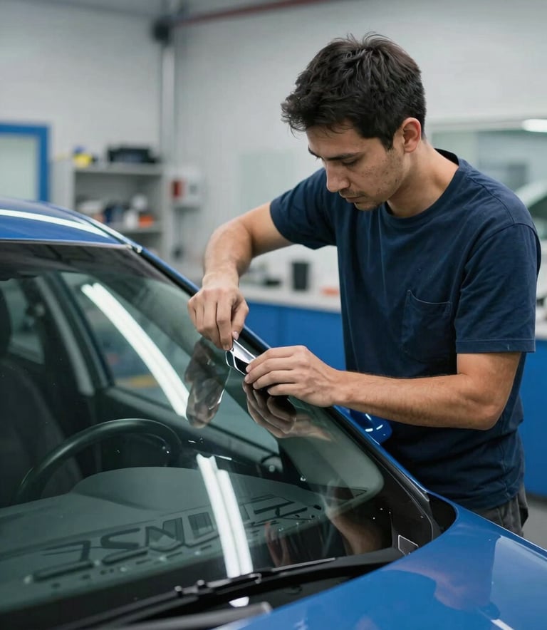 A professional auto glass technician in a clean North American service bay, carefully aligning a new windshield on a modern car. Professional atmosphere with soft lighting and royal blue accents in the shop.