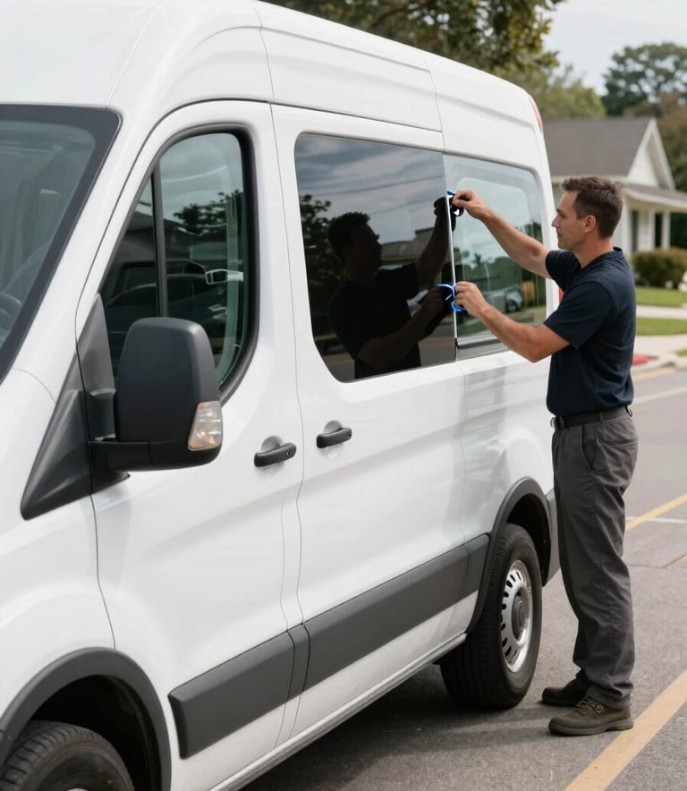 A professional mobile service van parked on a suburban North American street. A technician is in the background preparing a side window for replacement in clear daylight, reflecting a reliable and efficient service mood.
