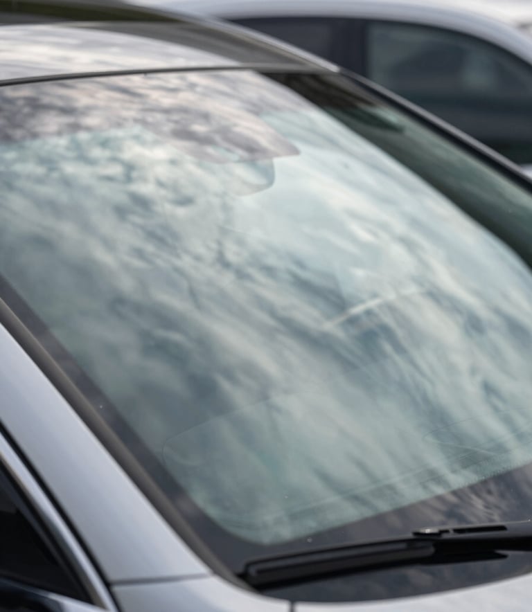 Close-up photography of a pristine vehicle windshield with a clear reflection of the sky, highlighting the smooth finish and high quality of the glass in a professional North American automotive setting.