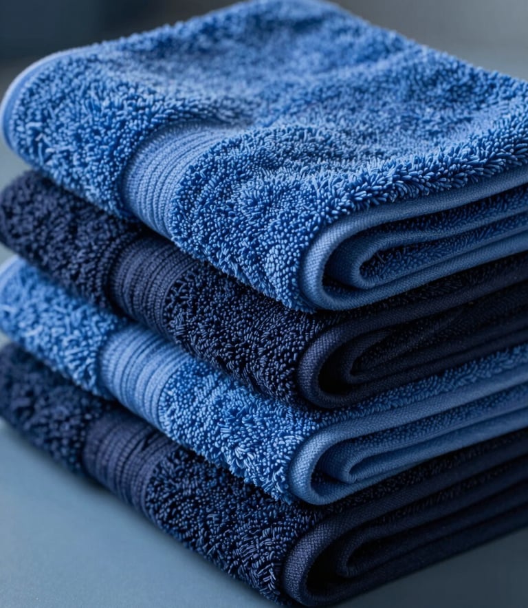 A close-up of perfectly folded cotton towels in various shades of Alice Blue and Navy Blue, stacked neatly on a clean Slate Blue surface in a professional setting.