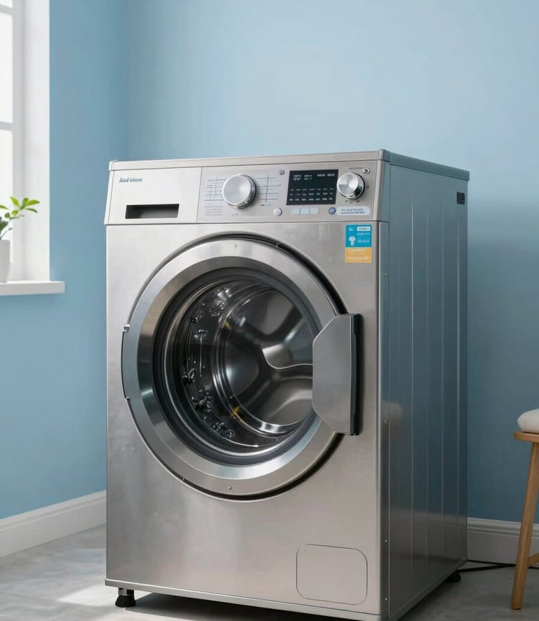 A high-efficiency, modern silver washing machine inside a bright South American laundry room with Alice Blue walls and natural light, professional photography style.