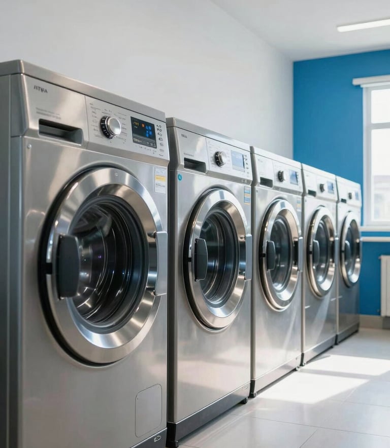 Photography of a row of modern, high-efficiency stainless steel washing machines in a bright, clean Brazilian laundry studio. The environment is minimalist with Alice Blue accents and plenty of natural daylight.