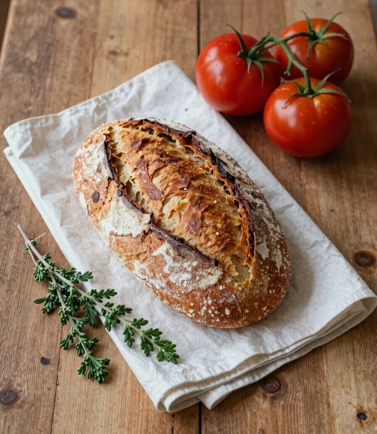 A top-down photography shot of a rustic wooden table in a North American / Western European farmhouse kitchen. On the table is freshly baked bread, Deep Ripe Crimson heirloom tomatoes, and sprigs of Matte Forest Green herbs on a Crisp Parchment napkin. Soft Scandinavian lighting.
