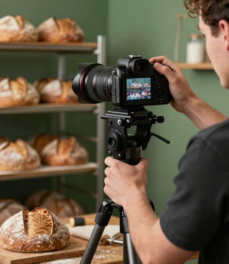 Behind the scenes professional photography of a content creator using a high-end camera on a tripod to photograph an artisanal sourdough bread in a rustic North American bakery setting. Matte Forest Green accents in the background.