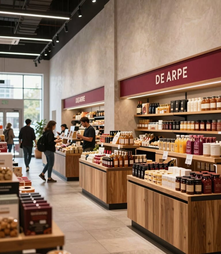 A wide shot of a modern, upscale food market in North America. Crisp Parchment walls, wooden stalls, and Deep Ripe Crimson signage. Sophisticated atmosphere with customers browsing artisanal goods in natural light.