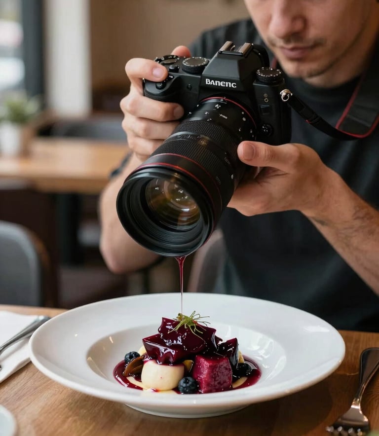 A professional photographer in a cozy North American / Western European bistro, using a high-end camera to capture a close-up of a beautifully plated dish with Deep Ripe Crimson ingredients. The lighting is soft and natural, emphasizing the sophisticated yet down-to-earth atmosphere.