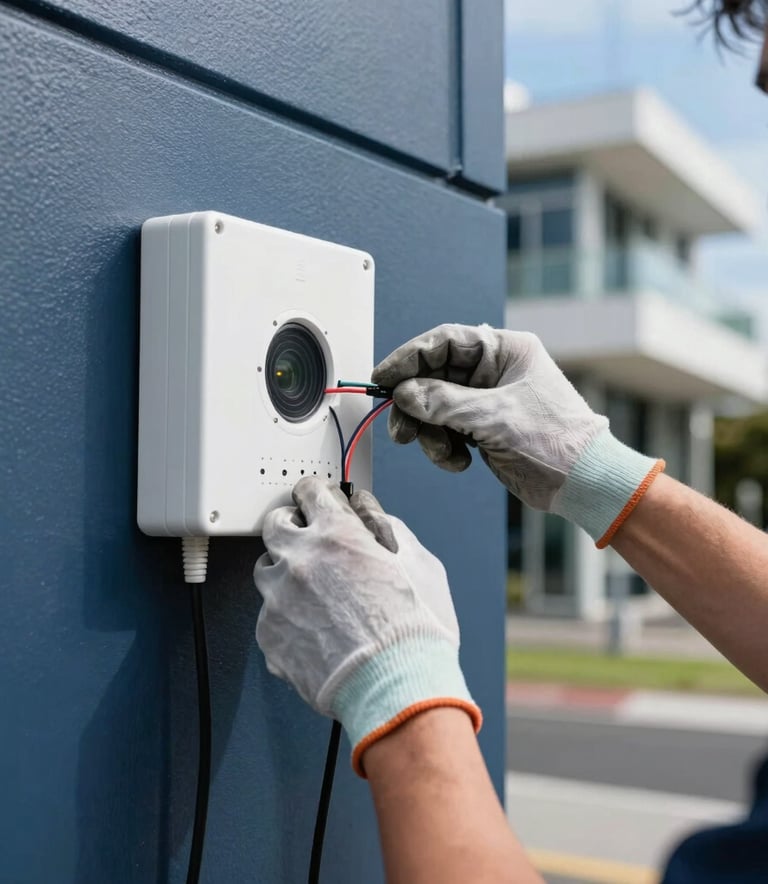 A detailed action shot of a professional technician's hands wearing work gloves, expertly wiring a modern white security system on a dark blue exterior wall, bright Oceanian sunshine, shallow depth of field, modern Auckland architecture.