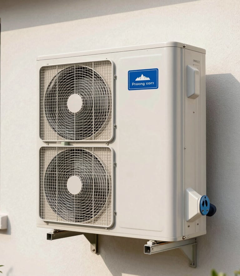 A clean, professional installation of a modern HVAC heat pump system on a residential wall, bright natural light, crisp focus.