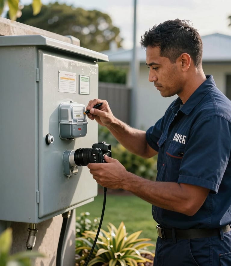 Photography of a professional Oceanian / New Zealander electrical technician in a navy blue uniform, working on a residential outdoor meter box in a Weymouth, Auckland garden, morning light, high-end DSLR style.