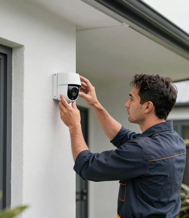 A professional electrician in work attire installing a modern smart security camera on the exterior of a contemporary New Zealand home, clean daylight, professional photography.