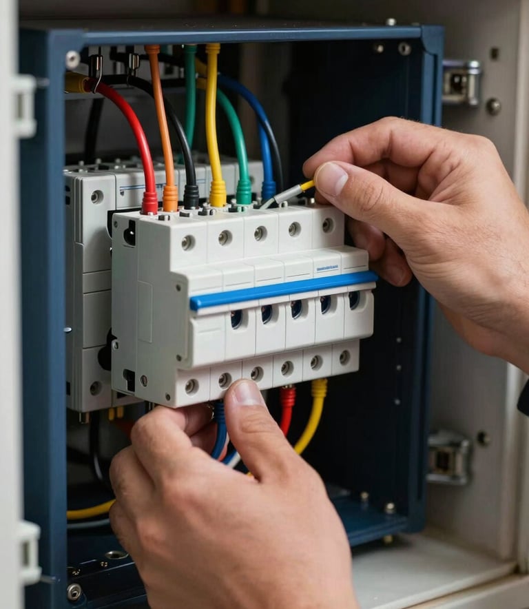 Photography of a professional's hands carefully wiring a modern electrical breaker panel in a North American / US basement, sharp focus, technical style, incorporating dark navy blue and steel blue colors.