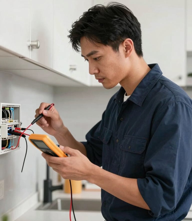 A professional electrician in a clean uniform using a digital multimeter to test a circuit in a bright North American / US kitchen, modern professional lighting, featuring a soft cloud gray and dark navy blue color palette.