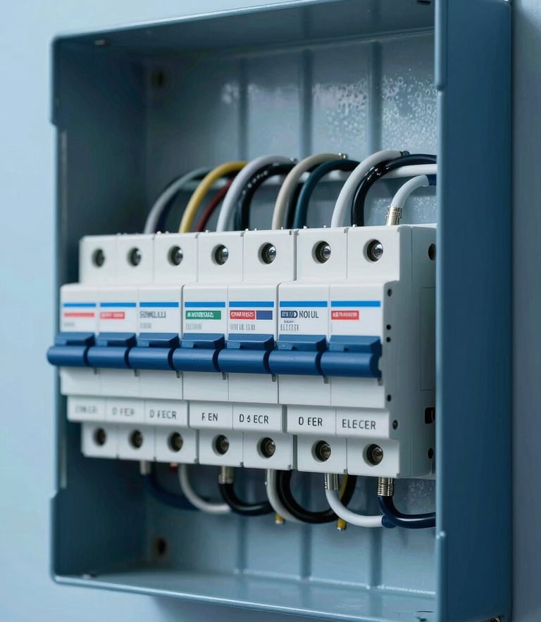 Close-up of a modern electrical breaker panel with neatly organized wiring in a North American / US residential setting, crisp and professional photography with sky blue and deep midnight blue tones.