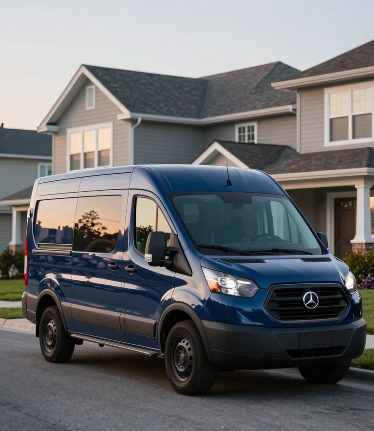Photography of a modern electrician's service van parked on a suburban street in front of a North American / US house, soft afternoon lighting, featuring dark navy blue and steel blue accents.