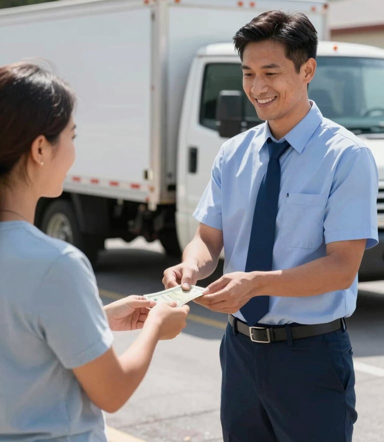 A professional and friendly car buyer in a clean uniform handing cash to a satisfied Orlando resident in front of an older vehicle. The scene is bright and sunny, reflecting Orlando's climate, with a modern flatbed truck visible in the background. The color palette features subtle blue tones #375A77 to match the brand identity.
