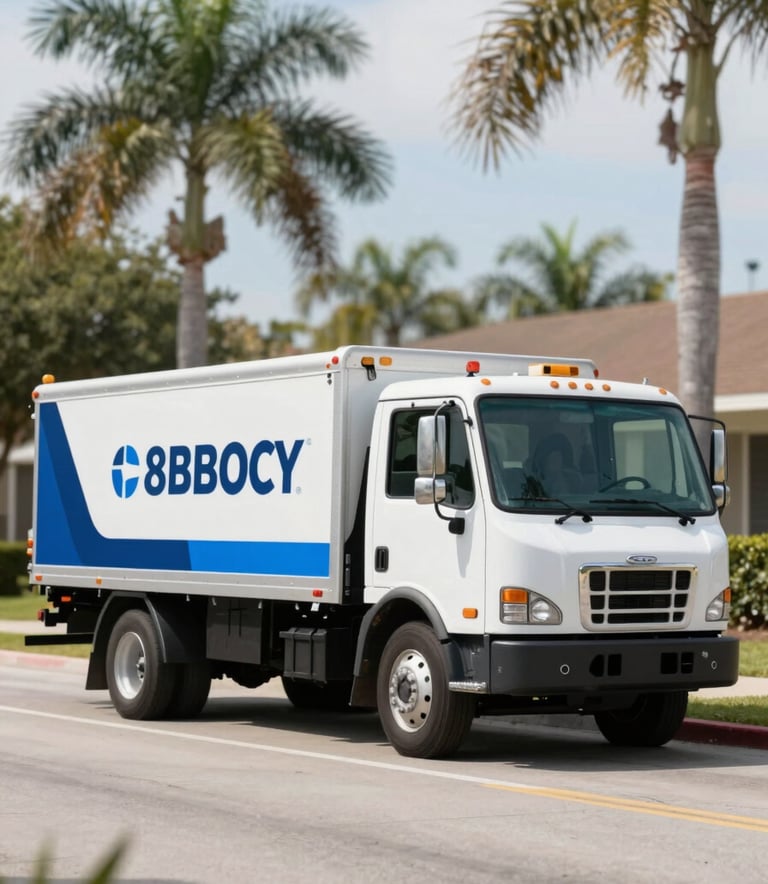 A clean, modern flatbed tow truck branded with professional aesthetics, parked on a residential street in Orlando, FL. The lighting is crisp, daylight, with palm trees visible in the soft-focus background. The truck features high-contrast blue accents #0C1D2A and #8BB0C9.