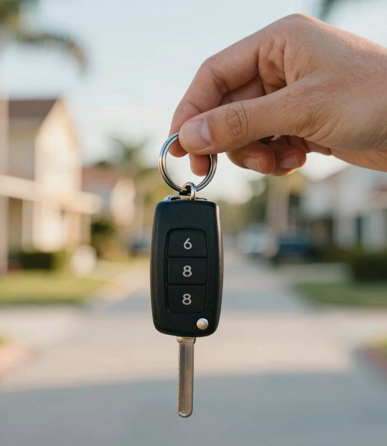 Close-up of a hand holding a set of car keys with a blurred background of a residential Orlando neighborhood. The lighting is warm and the style is modern and clean, using a palette of #F5F8F9 and #8BB0C9.